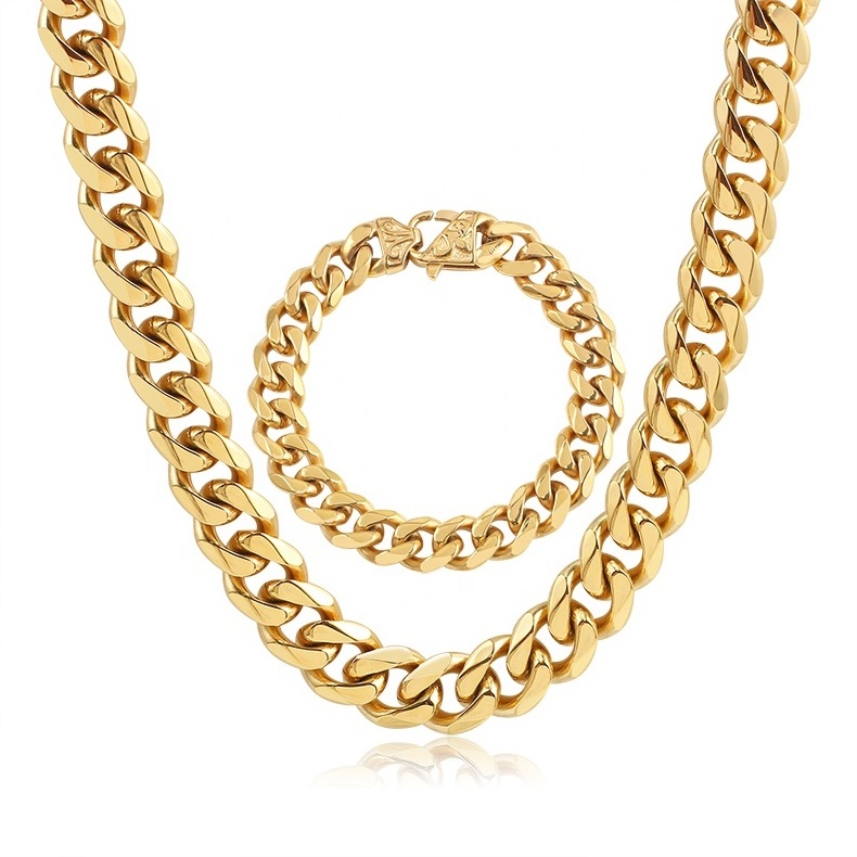 OUMI Classical Jewelry Stainless Steel 18K Gold Filled Cuban Link Chain Bracelet For Womens/Mens