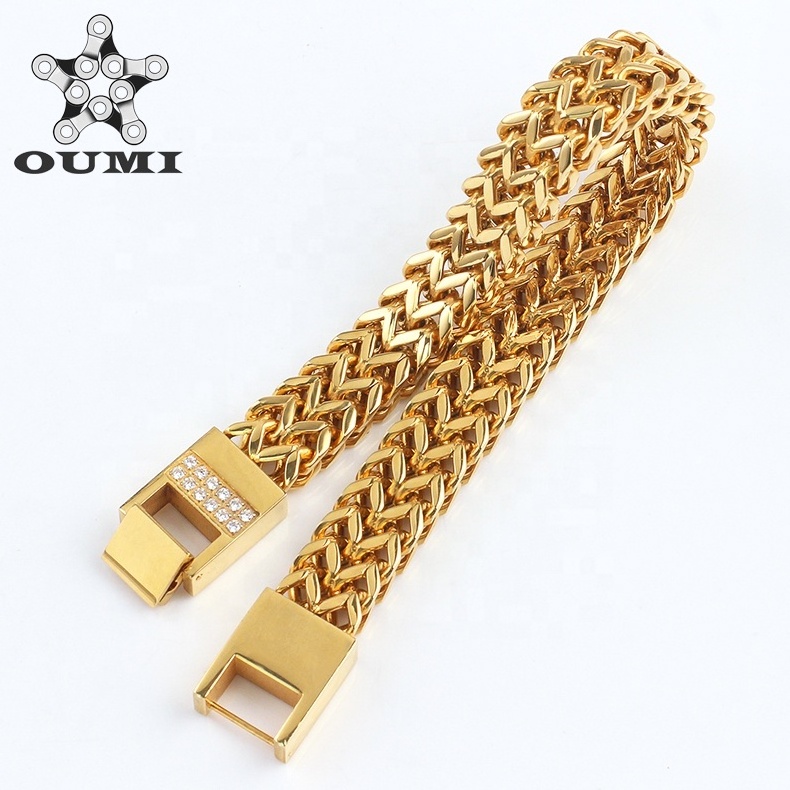 OUMI Luxury Bracelet Stainless Steel 18K Gold Plated Chains CZ Bracelet For Mens