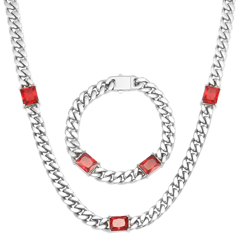 OUMI Jewelry Stock Sale 8/10/12/14mm Stainless Steel Cuban link 18K Gold Plated Chain Red Stone Cuban Chain Necklace