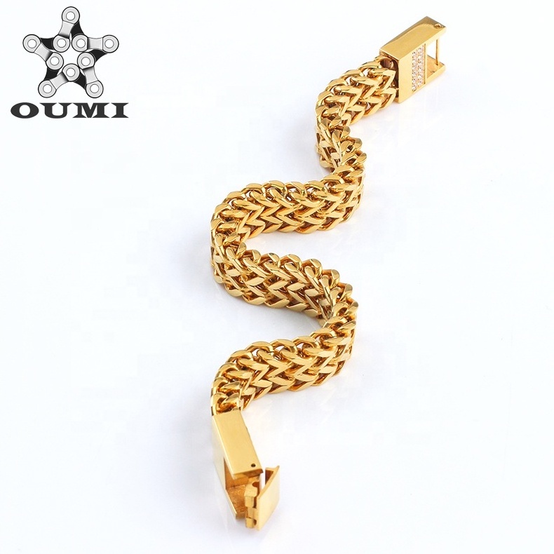 OUMI Luxury Bracelet Stainless Steel 18K Gold Plated Chains CZ Bracelet For Mens