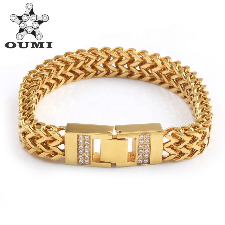 OUMI Luxury Bracelet Stainless Steel 18K Gold Plated Chains CZ Bracelet For Mens