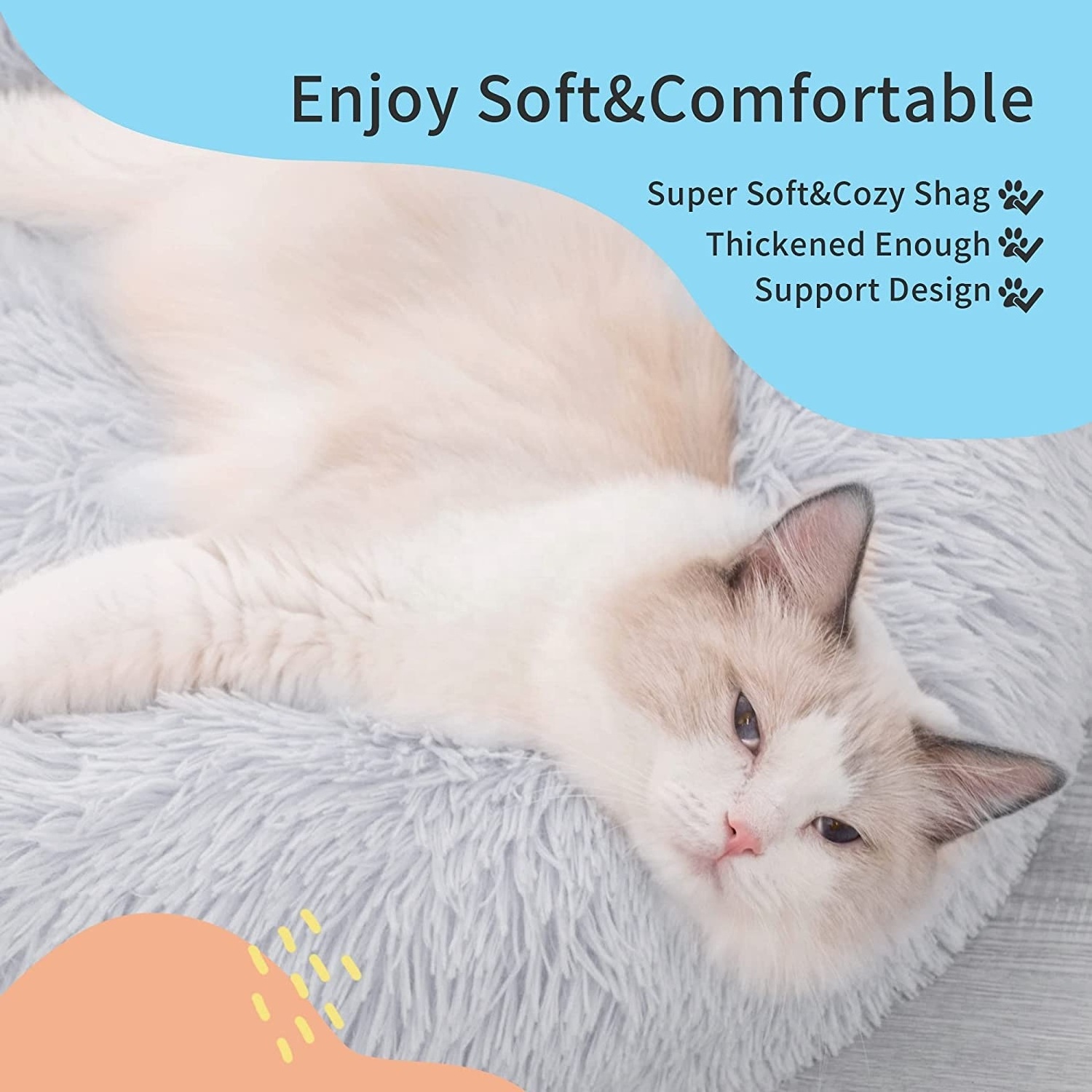 Soft Long Plush Pet Bed Calming Self Warming Round Donut Cuddler Fluffy Dog Cat Cushion Bed with Anti-Slip & Waterproof Bottom