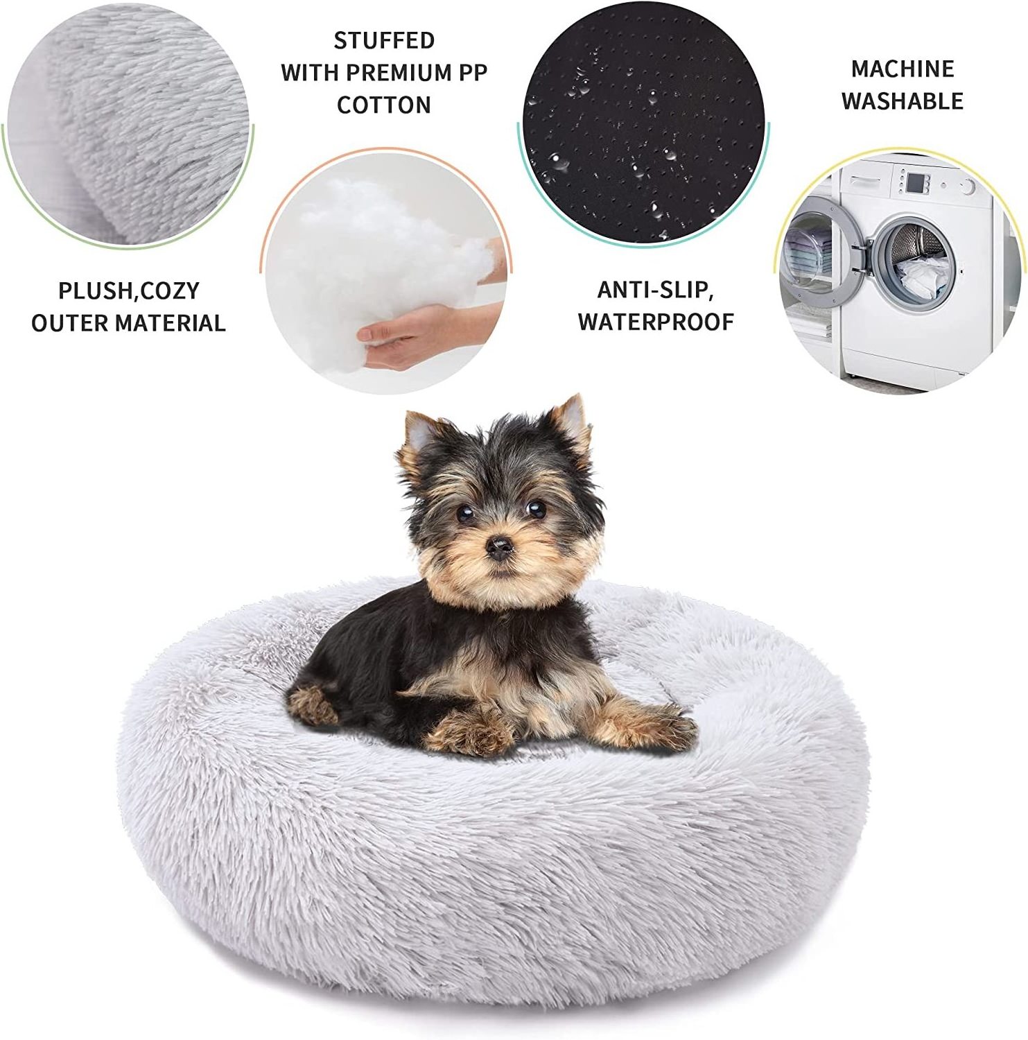 Soft Long Plush Pet Bed Calming Self Warming Round Donut Cuddler Fluffy Dog Cat Cushion Bed with Anti-Slip & Waterproof Bottom