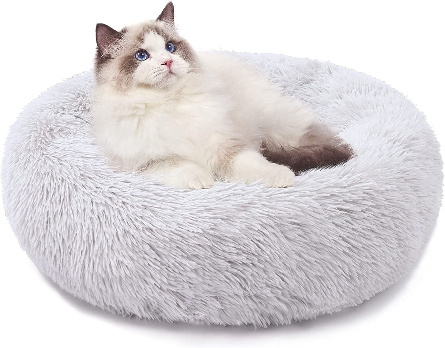 Soft Long Plush Pet Bed Calming Self Warming Round Donut Cuddler Fluffy Dog Cat Cushion Bed with Anti-Slip & Waterproof Bottom