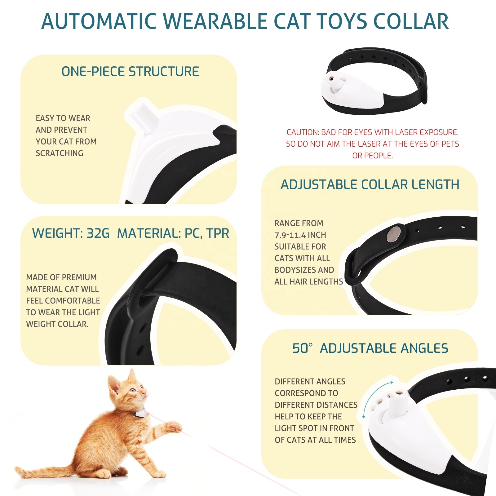 USB Rechargeable Wearable Automatic Laser Cat Toys Interactive Cat Laser Collar Toys with LED Lights