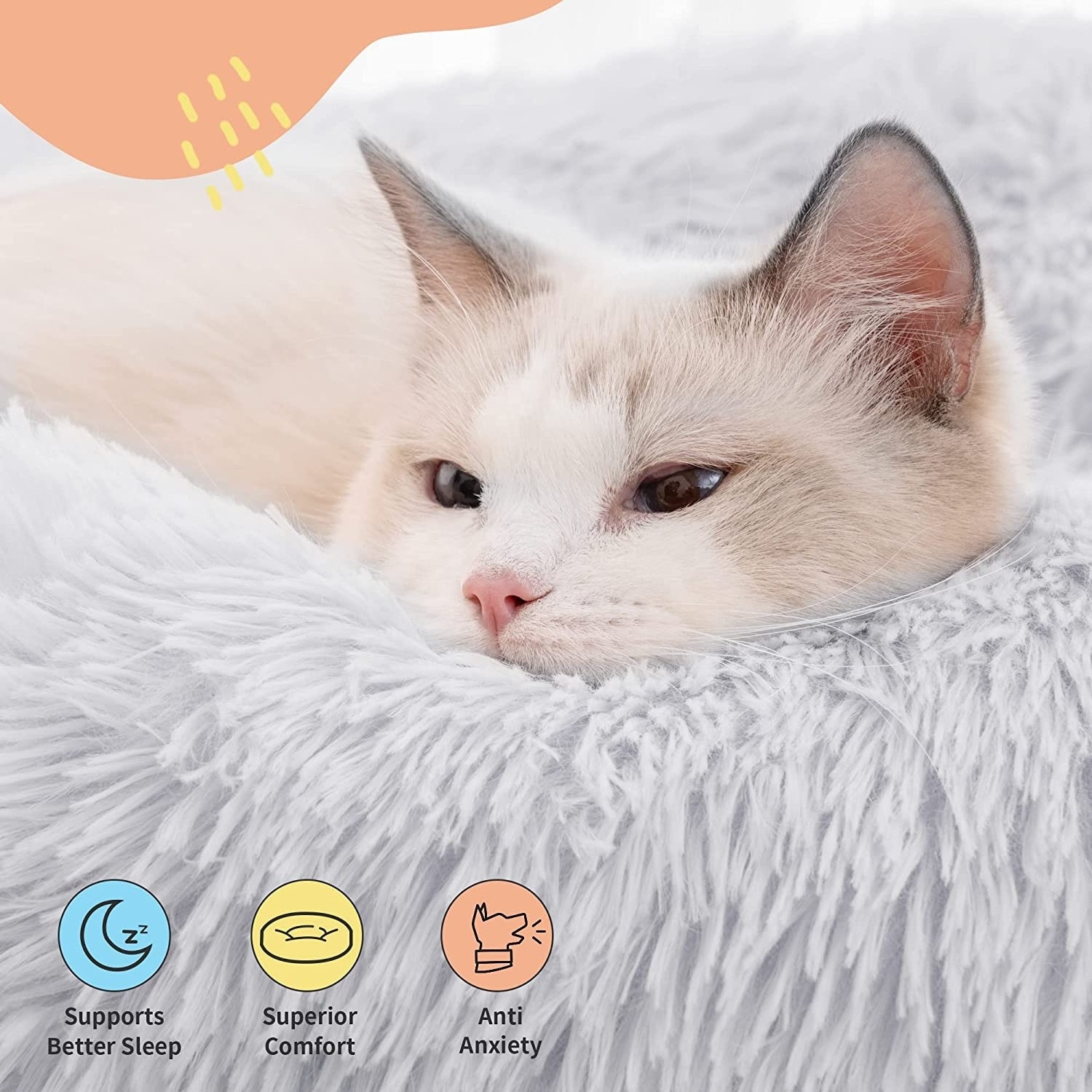 Soft Long Plush Pet Bed Calming Self Warming Round Donut Cuddler Fluffy Dog Cat Cushion Bed with Anti-Slip & Waterproof Bottom