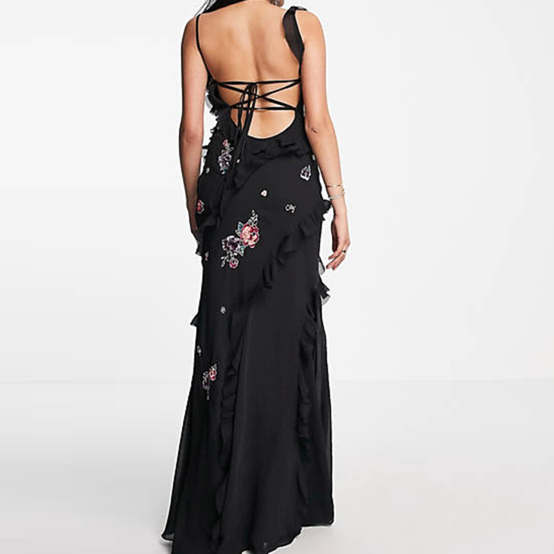 Cocktail Dresses Women's Black V-Neck Ruffle And Sequined Floral Embellishment Maxi Cami Evening Dress