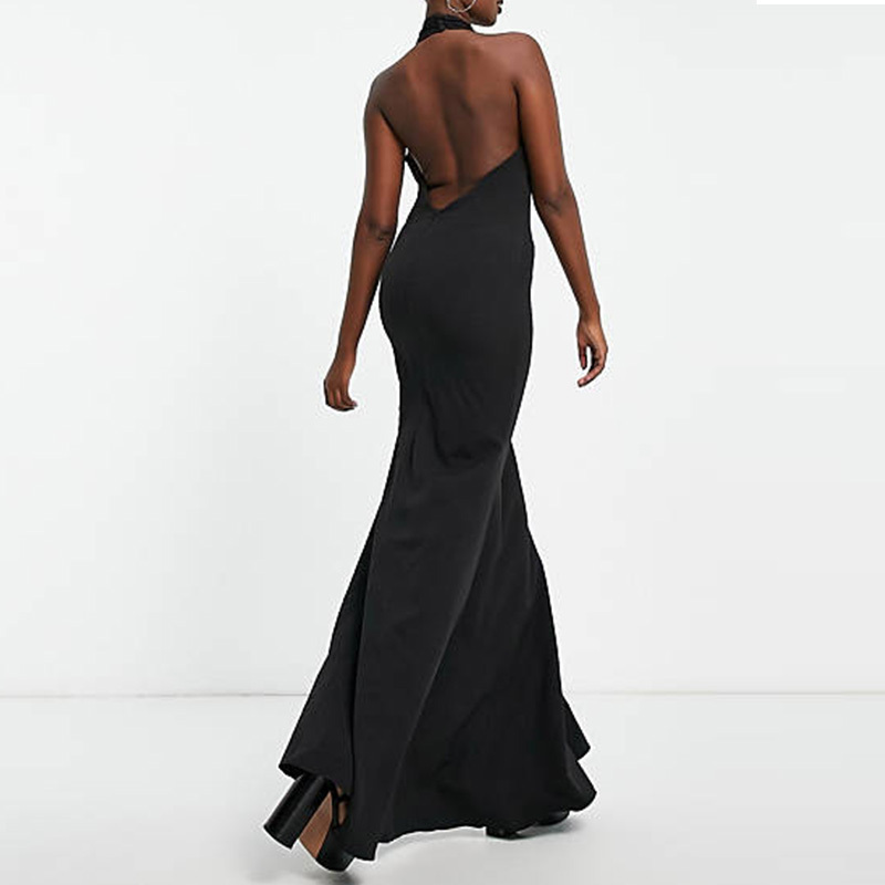 Classic Cocktail Dresses Women's Sleeveless Black Plunge Front Halterneck Split Elegant Slim Maxi Dress