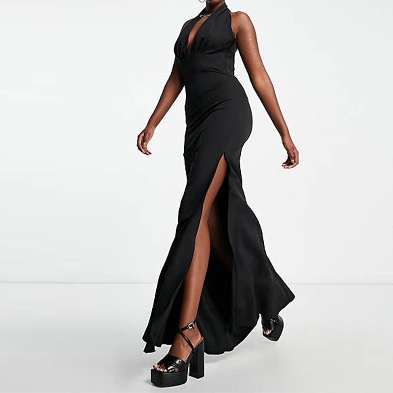 Classic Cocktail Dresses Women's Sleeveless Black Plunge Front Halterneck Split Elegant Slim Maxi Dress