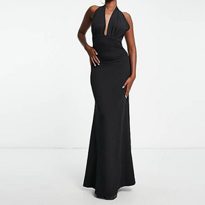 Classic Cocktail Dresses Women's Sleeveless Black Plunge Front Halterneck Split Elegant Slim Maxi Dress