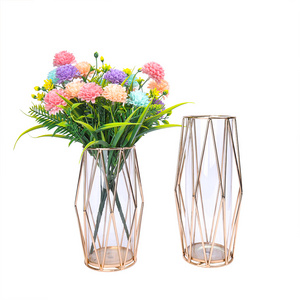 Custom Modern Style Cheap Tall Flower Vases Clear Glass Rose Gold Home Decor Wedding Metal Flower Glass Vases