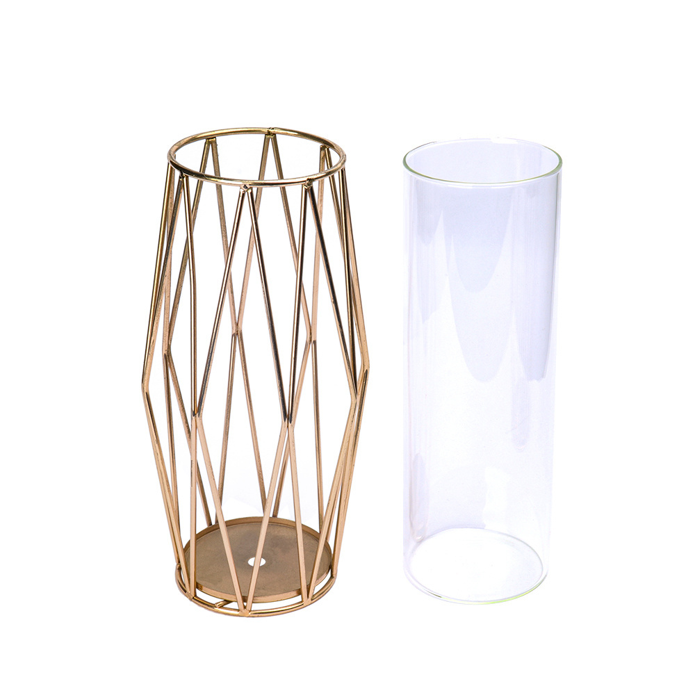 Custom Modern Style Cheap Tall Flower Vases Clear Glass Rose Gold Home Decor Wedding Metal Flower Glass Vases