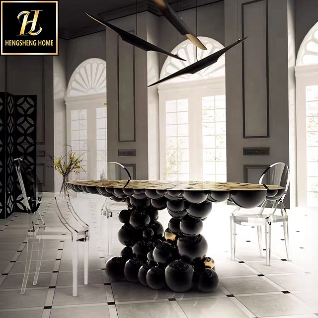 Luxury eettafel Set For 8  Portuguese Latest Design Stainless Steel Oval black Creative bubble Dining table Dining Table