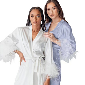 Amazon Factory  Solid Silk  Bridesmaid Feather Satin Kimono  Robe Women's Sleepwear