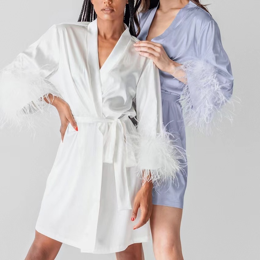 Amazon Factory  Solid Silk  Bridesmaid Feather Satin Kimono  Robe Women's Sleepwear