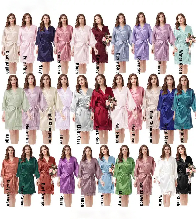 Custom LOGO Designer Wedding Silk Satin Solid Color Lace Bridesmaid Robe Kimono Bathrobe Bridal Party V-Neck Dress