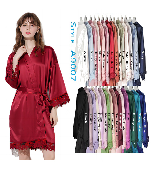 Custom LOGO Designer Wedding Silk Satin Solid Color Lace Bridesmaid Robe Kimono Bathrobe Bridal Party V-Neck Dress