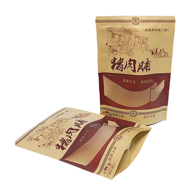 Custom Printed Small Biodegradable Food Packaging Bags Brown Kraft Paper Stand up Pouch with Zipper and Window