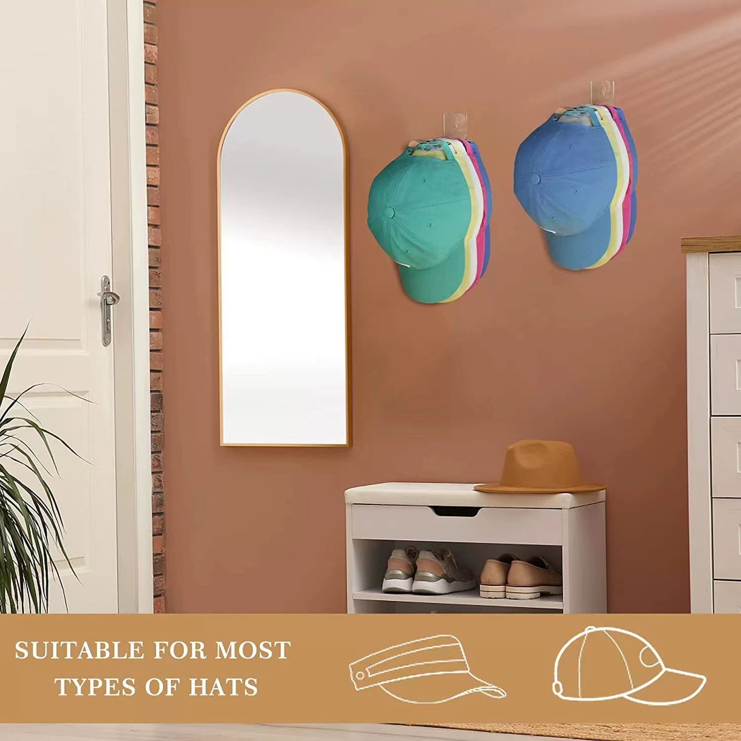 Strong Adhesive Wall Mount Acrylic Hat Storage Organizer Easy Installation Baseball Cap Hooks Single Tier Standing Hat Racks