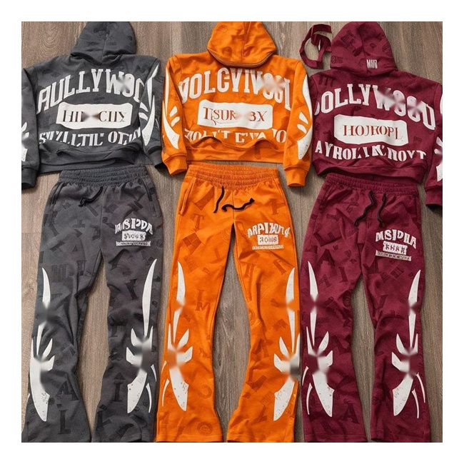 HLN vintage Hoodie And Sweat Pant Set Embroidery Applique Distressed Faded Acid Wash Sweat Suit Flared Tracksuit  sweatuit set