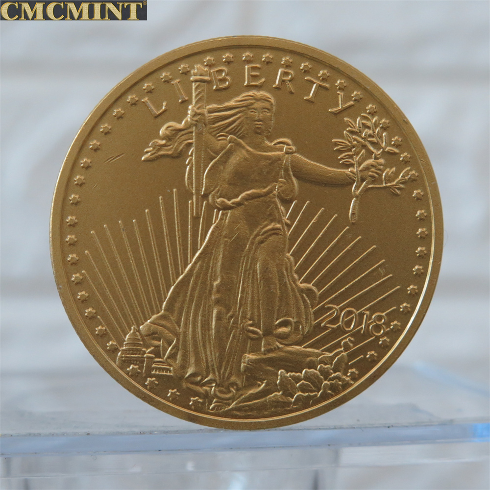 US Gold Coin 1 Oz Gold Plated Brass American Eagle Statue of Liberty Coins Round  2018, Matt Gold