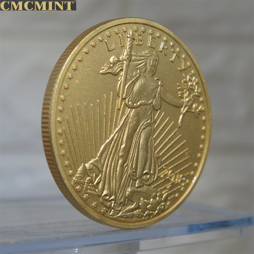 US Gold Coin 1 Oz Gold Plated Brass American Eagle Statue of Liberty Coins Round  2018, Matt Gold