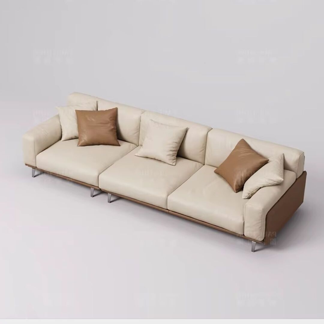 Modern simple straight row full leather sofa villa flat floor living room Italian light luxury down leather sofa