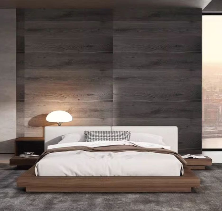 Full solid wood Japanese style tatami bed walnut large flat modern minimalist master bedroom suspended bed