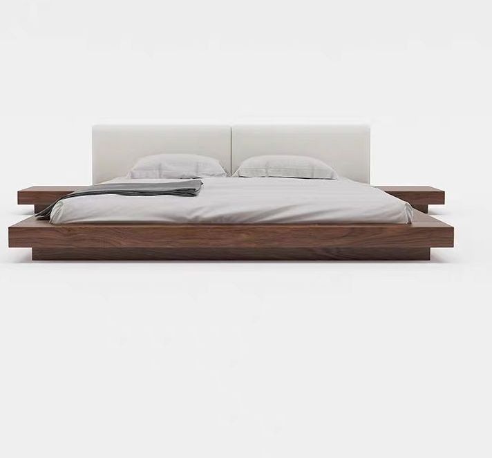 Full solid wood Japanese style tatami bed walnut large flat modern minimalist master bedroom suspended bed