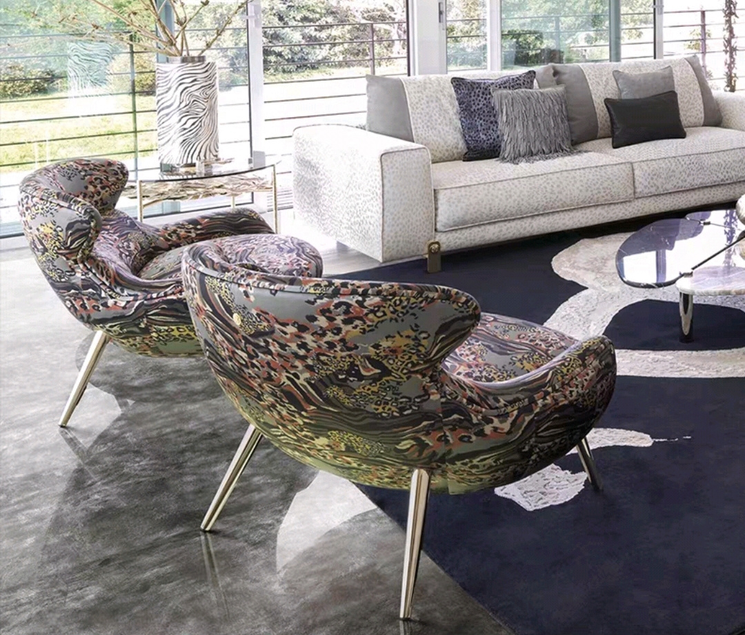 Italian light luxury single sofa chair, villa luxury living room leopard print metal leisure chair