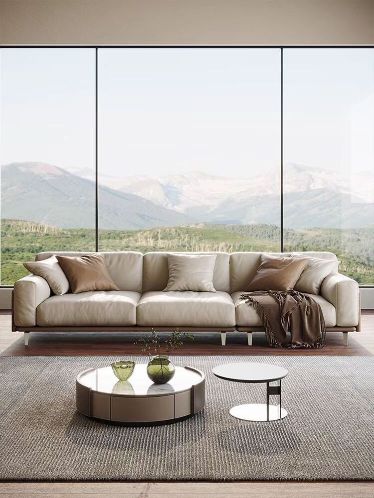 Modern simple straight row full leather sofa villa flat floor living room Italian light luxury down leather sofa