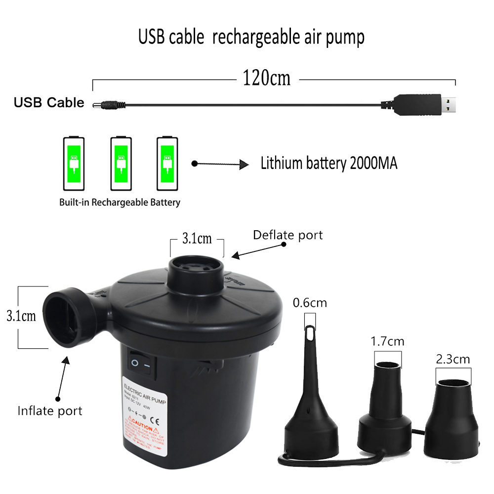 rechargeable battery inflator pump air bed inflate deflate usb cable electric mini rechargeable air pump