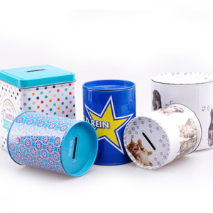 Custom novelty metal round tin can coin bank tin money saving box bank for kids