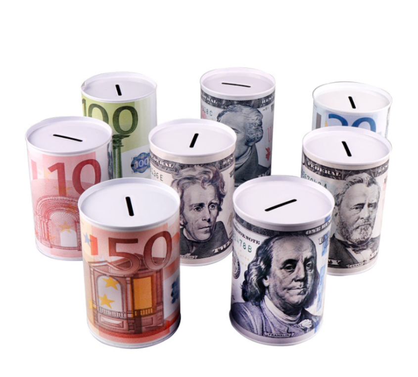 Custom novelty metal round tin can coin bank tin money saving box bank for kids