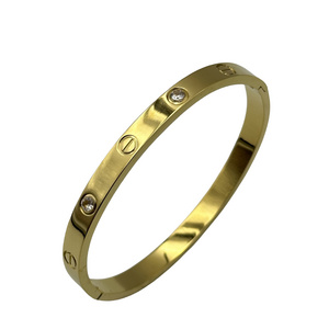 Popular Designer Brand  Waterproof And Rust-proof Stainless Steel Gold Plated Zircon Inlay Screw Thin Bracelet Bangle