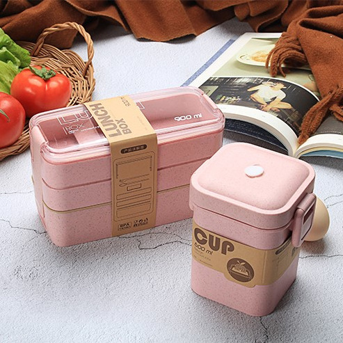 900ml 3 Layers Bento Box with Spoon & Fork Food Grade Biodegradable Wheat Straw Soup Box Portable Lunch Box Set with Tableware