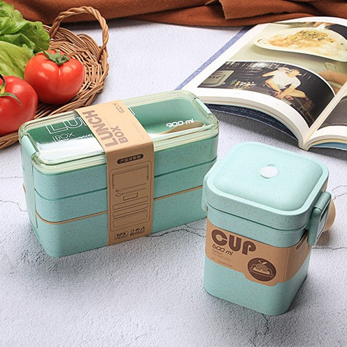 900ml 3 Layers Bento Box with Spoon & Fork Food Grade Biodegradable Wheat Straw Soup Box Portable Lunch Box Set with Tableware