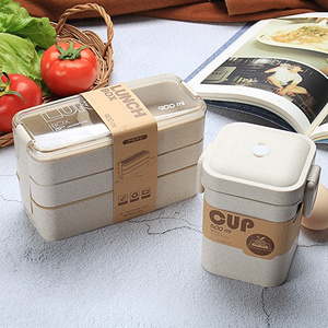 900ml 3 Layers Bento Box with Spoon & Fork Food Grade Biodegradable Wheat Straw Soup Box Portable Lunch Box Set with Tableware