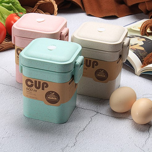 900ml 3 Layers Bento Box with Spoon & Fork Food Grade Biodegradable Wheat Straw Soup Box Portable Lunch Box Set with Tableware