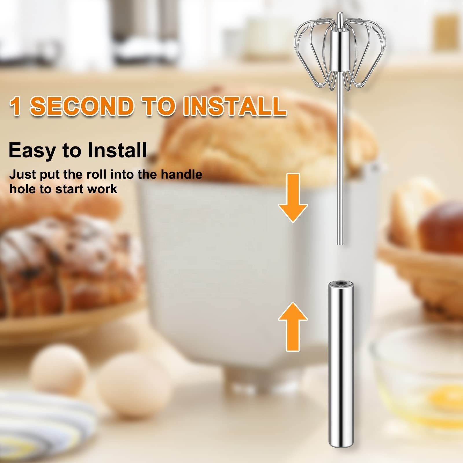 Semi-Automatic Stainless Steel Metal Long Handle Whisk Blender Egg Beater Handheld Push Down Whisking Tool Hand Push Whisk