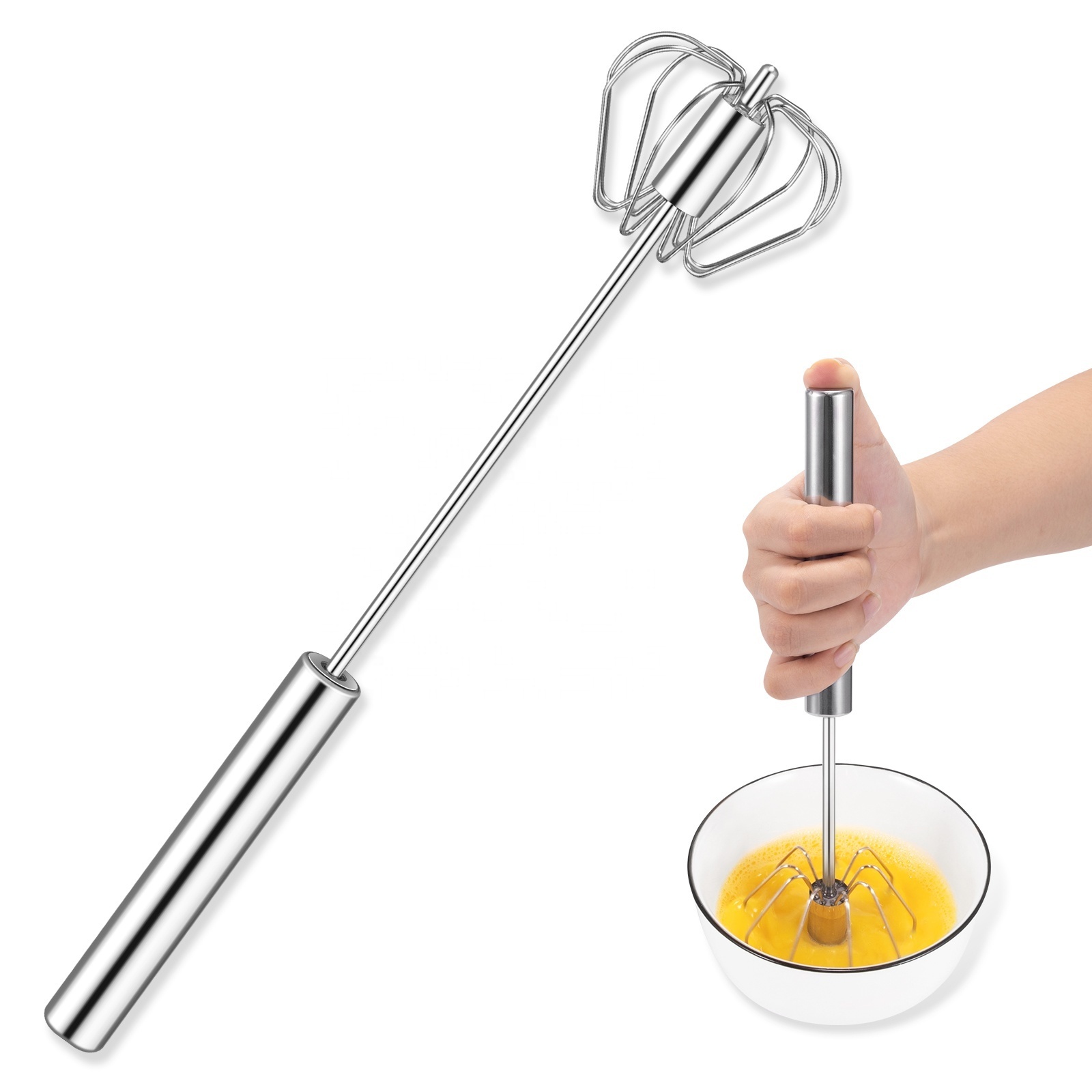 Semi-Automatic Stainless Steel Metal Long Handle Whisk Blender Egg Beater Handheld Push Down Whisking Tool Hand Push Whisk