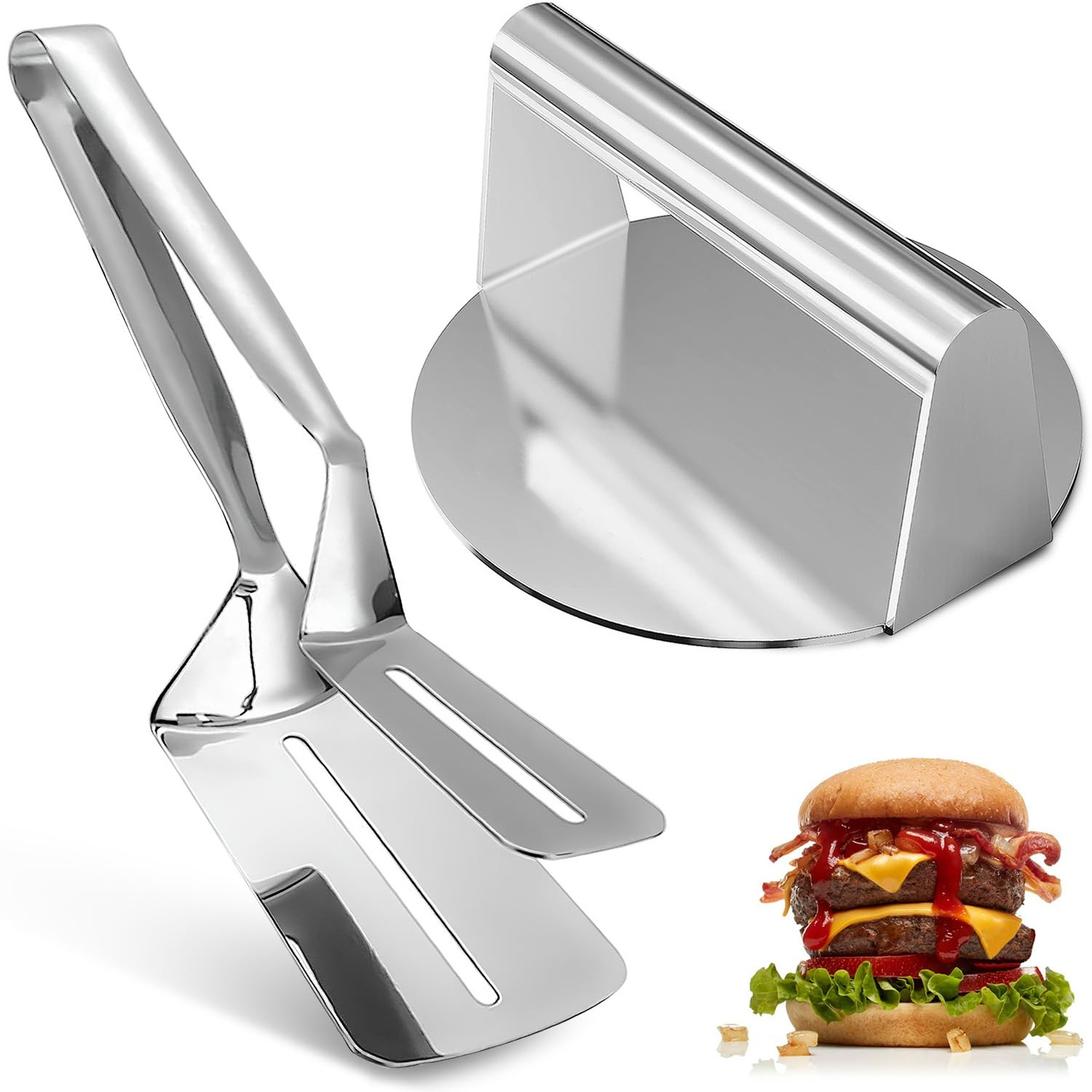 Kitchen BBQ Non Stick Reusable Stainless Steel Hand Press Type Round Burger Press Meat Steak Smasher