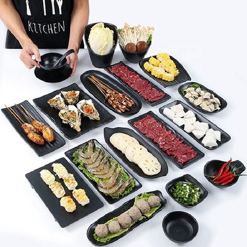 Solid Black Plastic Tableware Plate Set Dish Dinnerware Restaurant Barbecue Steak Plates Household Melamine Dinner Dishes