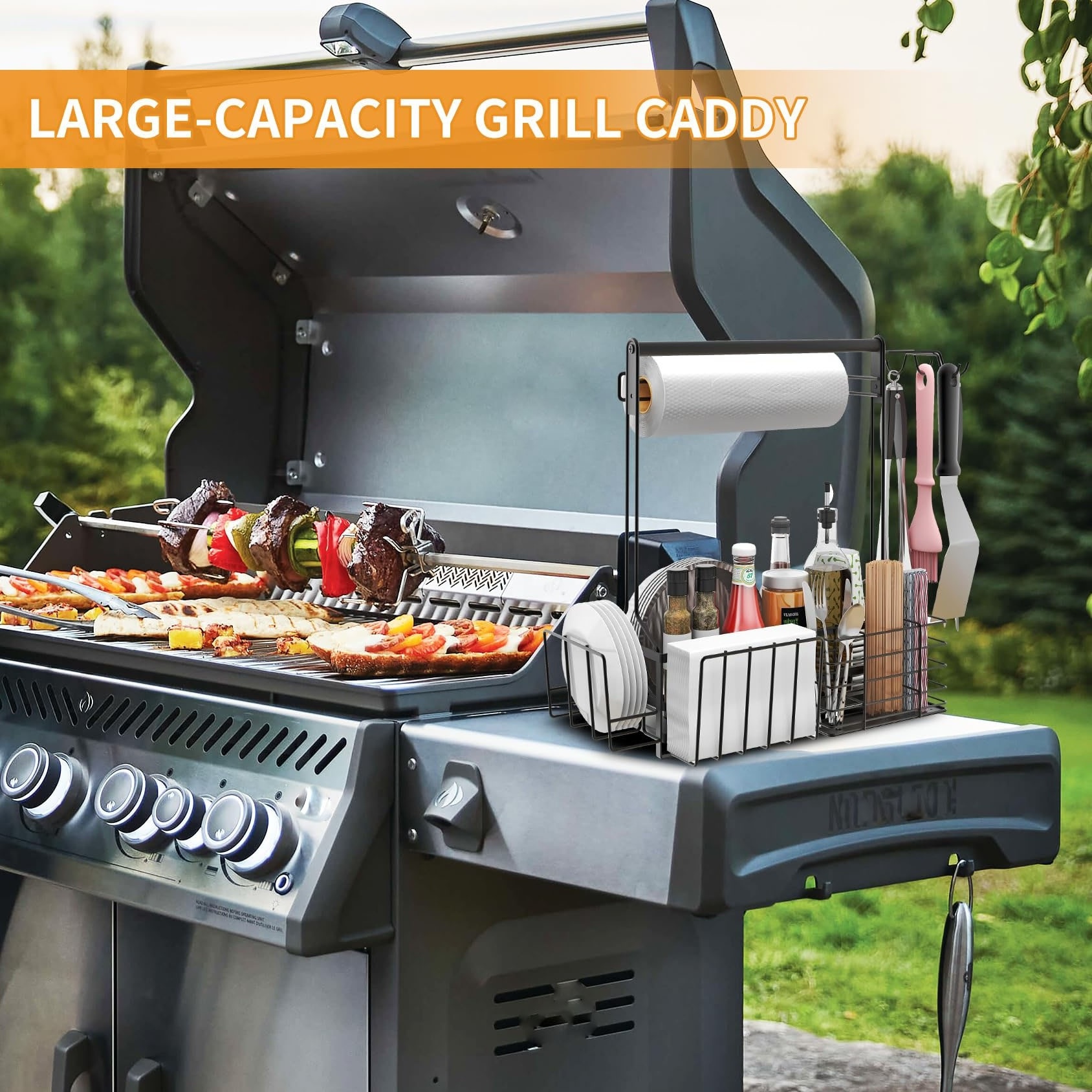 Camping Picnic Grill Caddy for Outdoor Grill Utensil Storage BBQ Caddy with Paper Towel Holder