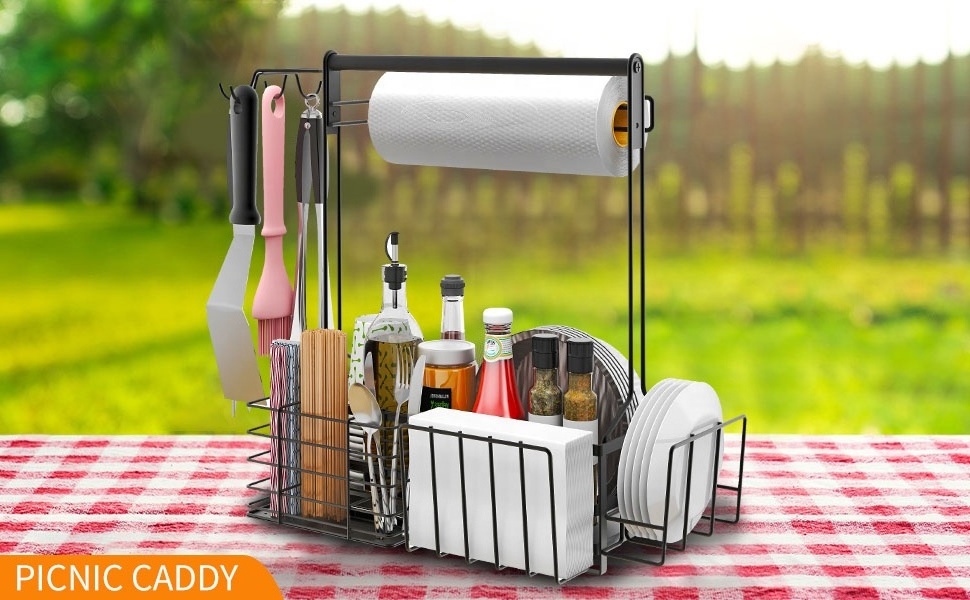 Camping Picnic Grill Caddy for Outdoor Grill Utensil Storage BBQ Caddy with Paper Towel Holder