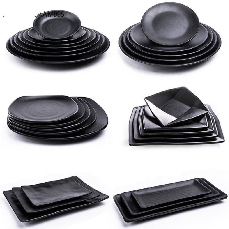 Solid Black Plastic Tableware Plate Set Dish Dinnerware Restaurant Barbecue Steak Plates Household Melamine Dinner Dishes