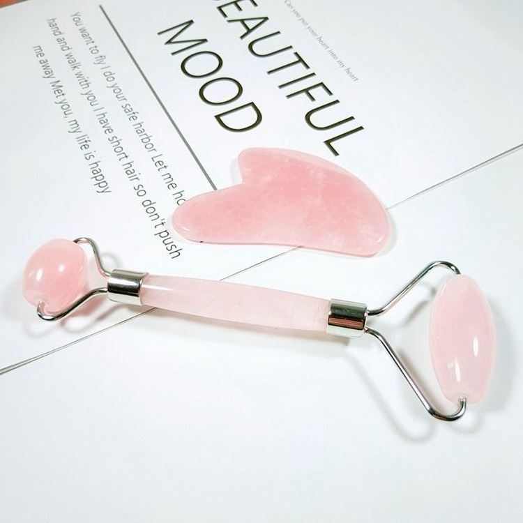 2022 Hot Selling Manufacturer Custom Logo Massage Gua Sha Set Crystal Stone Pink Rose Quartz Face Jade Roller with Natural Stone