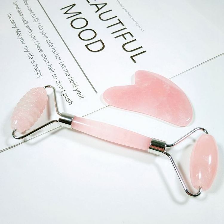 2022 Hot Selling Manufacturer Custom Logo Massage Gua Sha Set Crystal Stone Pink Rose Quartz Face Jade Roller with Natural Stone