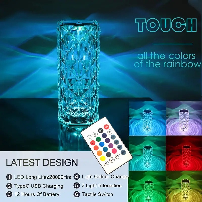 JAIYI Rechargeable USB touch crystal rose decorative LED desk lamp for bar and restaurant atmosphere lighting