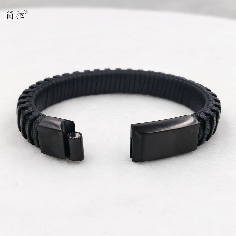 Fashion Genuine Leather Jewelry black Stainless Steel Clasp magnetic steel cable and Genuine Leather Braided Woven Bracelet